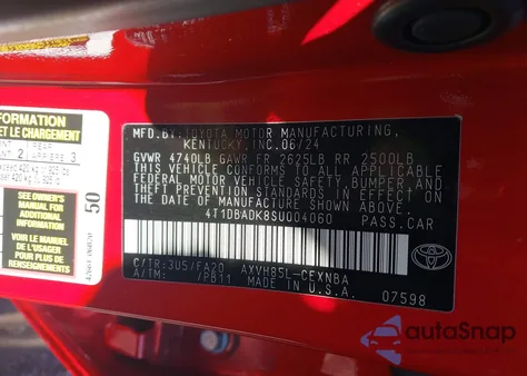 2025 Toyota Camry Le from USA, damaged, VIN 4T1DBADK8SU004060